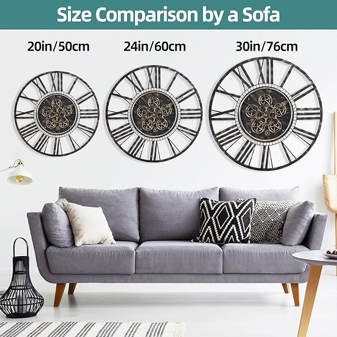 Moving Gear Large Wall Clock 20inch/50cm Bronze, Decorative Wall Clocks for Living Room, Unique Farmhouse Steampunk Metal Wall Clock Decor, Office Wall Clocks