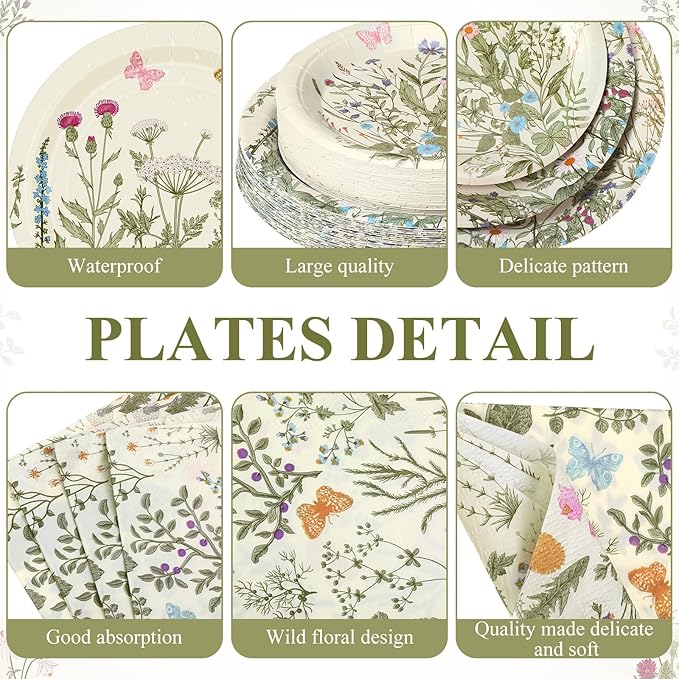400 Pcs Wild Floral Disposable Paper Plates Napkins Cups Serve 50 Watercolor Floral Tableware Set for Spring Wedding Tea Party Decoration Bridal Baby Shower(Vintage Color, Classic Style)