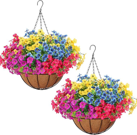 2 Set Outdoor Artificial Hanging Baskets, UV Resistant Faux Fake Hanging Flowers Plants Planters for Spring Summer Front Porch Patio Yard Garden Home Decor (Purple, Yellow, Hot Pink, Blue)