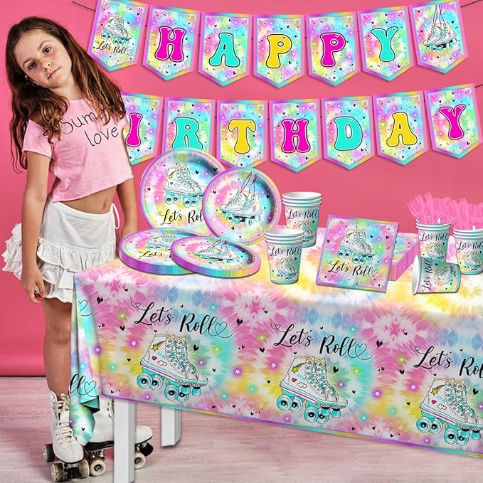 Roller Skating Party Supplies - 142Pcs Roller Skate Party Tableware Include Plates,Napkins,Cups,Banner,Tablecloth Let's Roll Birthday Decorations for Girl（20 Guests）
