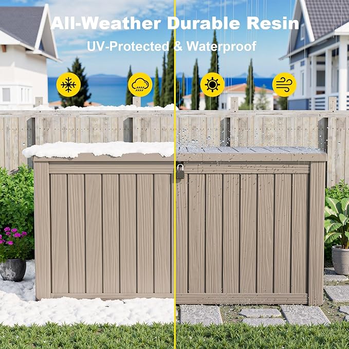 Gallon Large Deck Box,Resin Outdoor Storage Box with Lockable for Patio Furniture, Pool Accessories, Garden Tools Waterproof Outside Storage Box, Grey