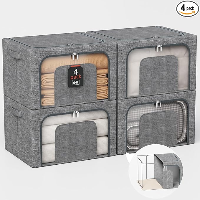64L Stackable Clothes Storage Bins with Metal Frame, 4 Piece Stackable Clothes Organizer with Double Opening + Clear Window Design for Cabinets, Under Beds, Storage and Garage Gray