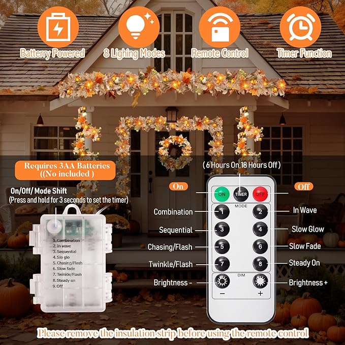 VIHOSE 2 Pack Thanksgiving Maple Leaves Garland Fall Decor 11.5 ft 40 LED with Pumpkin Lights Battery Operated and Timer Remote for Home Thanksgiving Halloween Decor(White)
