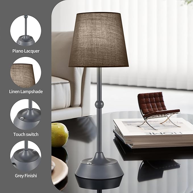 LED Cordless Table Lamp,Rechargeable 6000mA Battery Operated Portable Grey Desk Lamp,Dimmable Touch Control Table Lamp,for Restaurant/Patio/Outdoor.(LED Bulb Included)