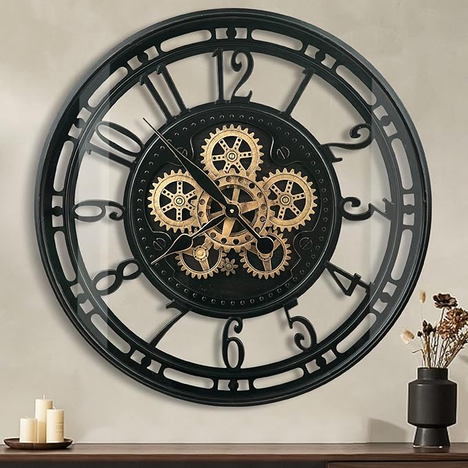 DORBOKER Moving Gears Wall Clock Large Modern Metal Clocks for Living Room Decor, Industrial Steampunk Unique Vintage Rustic Decorative Clock for Home Farmhouse Office, 27.6 Inch,Black Gold Arabic