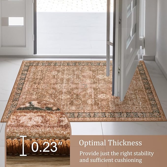 Morebes Washable Runner Rug,Boho Runner Rugs for Hallway 2x6, Non Slip Bathroom Rug, Non Shedding Distressed Floral Kitchen Mat Indoor Entrance Floor Carpet Runner for Dorm, Brown