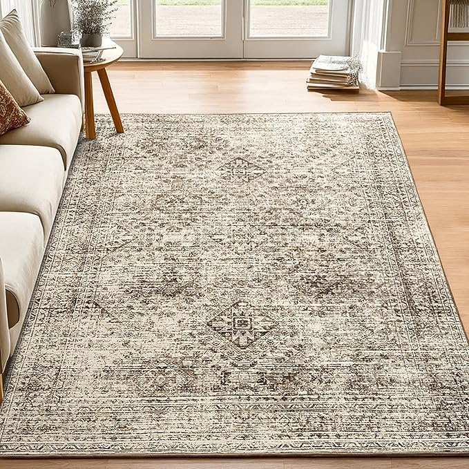MIULEE 5x7 Vintage Living Room Rug Washable Area Rugs Low Pile Floor Mat for Bedroom Dining Room Non-Slip Stain Resistant Soft Indoor Carpet for Home Decor, Brown
