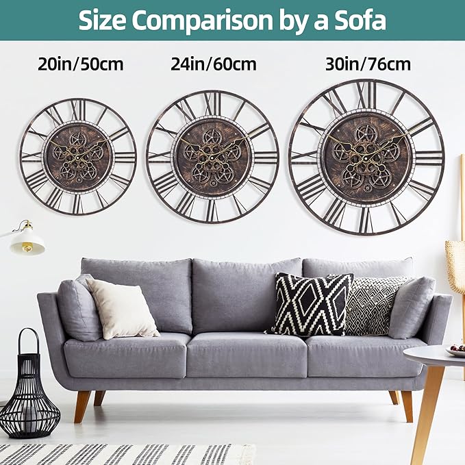 Moving Gear Large Wall Clock 24inch/60cm Copper, Decorative Wall Clocks for Living Room, Unique Farmhouse Steampunk Metal Wall Clock Decor, Office Wall Clocks