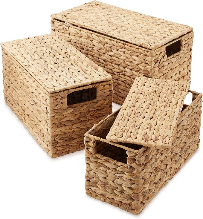 Casafield Set of 3 Water Hyacinth Storage Baskets with Lids, Natural - Small, Medium, Large Woven Nesting Bins for Bathroom, Bedroom, Closets, Shelves
