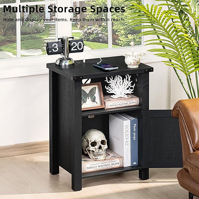 Night Stand Set of 2, 18 Inch Farmhouse Nightstand with with Charging Station and USB Port, Rustic Couch End Table with Magnetic Door, Wood Bed Side Tables for Bedroom, Home, Black