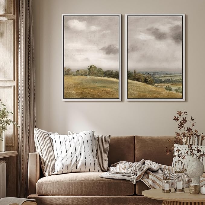 MUDECOR Framed Canvas Print Wall Art Gentle Hills and Distant Storm Tranquil Pastoral Nature Wilderness Illustrations Realism Decorative Scenic for Living Room, Bedroom, Office - 16"x24"x2 White