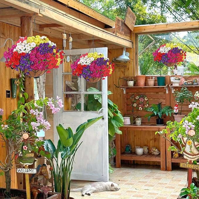 KHOYIME Artificial Hanging Flowers Plants Basket for Outdoors Indoor, 2 Set Faux Silk White Yellow Purple Fuchsia Red Pink Morning Glory Fake Eucalyptus Planters Spring Summer Home Garden Patio Decor