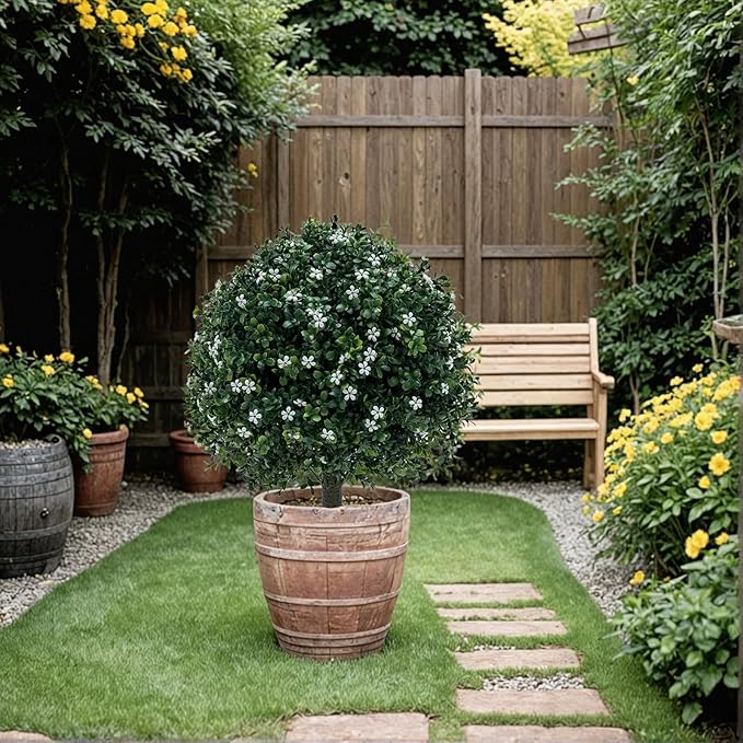 Boxwood Balls Topiary Trees Artificial Outdoor 2 Pack - 25.6in UV Resistant PE Greenery with White Flowers, Sturdy Aluminum Spikes Faux Plants for Patio Garden Porch Decor | Outdoor Artificial Plants