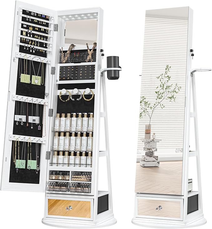 Mirror Jewelry Cabinet Standing, 360° Swivel Jewelry Armoire with 6 LED Lights, Rotatable Mirror Jewelry Organizer, White