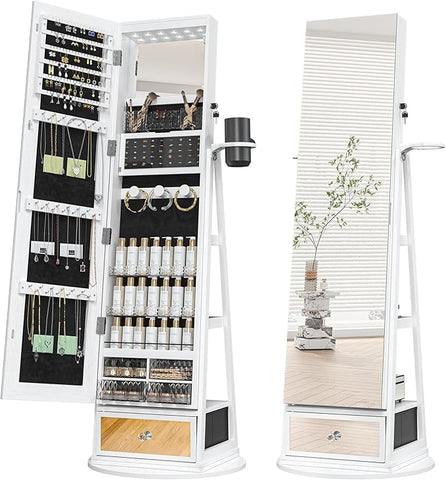 Mirror Jewelry Cabinet Standing, 360° Swivel Jewelry Armoire with 6 LED Lights, Rotatable Mirror Jewelry Organizer, White