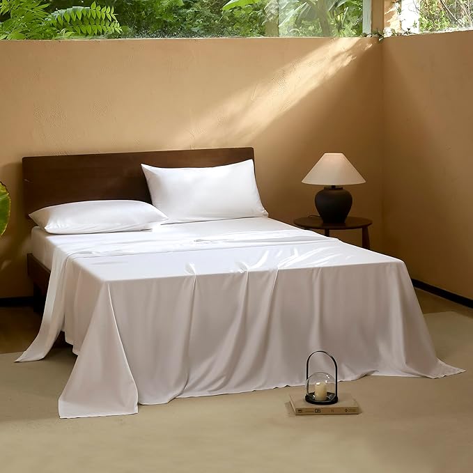 EVERLY Queen Sheets Set,Luxuriously 400 Thread Count Organic Viscose Derived from Bamboo Bed Sheet,Cooling Sheets for Queen Size 4 Piece Deep Pockets Bedding Sheets &Pillowcases-White