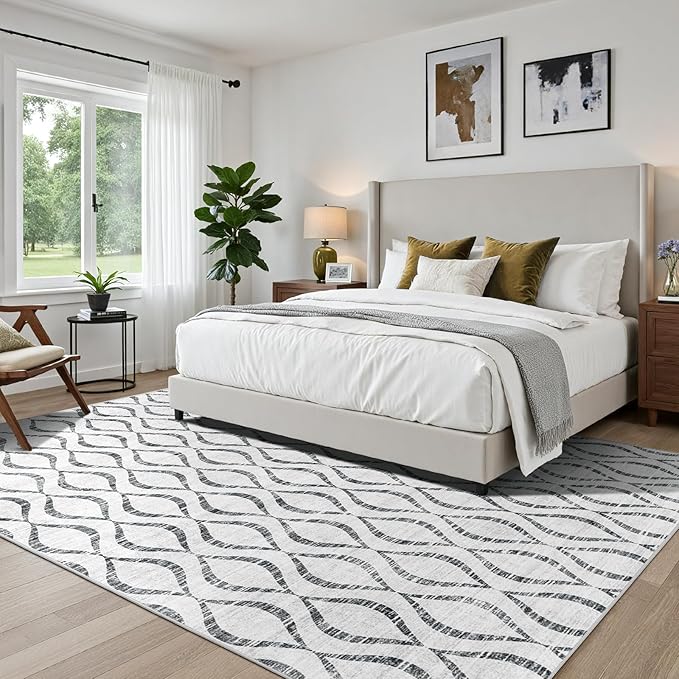 WITSHOCK 7x9 Grey Living Room Rug - Boho Soft Modern Geometric Low Pile Print Pattern Rug for Bedroom Dining Room, Large Thin Indoor Carpet for Nursery Playroom Decor, Kid & Pet Friendly