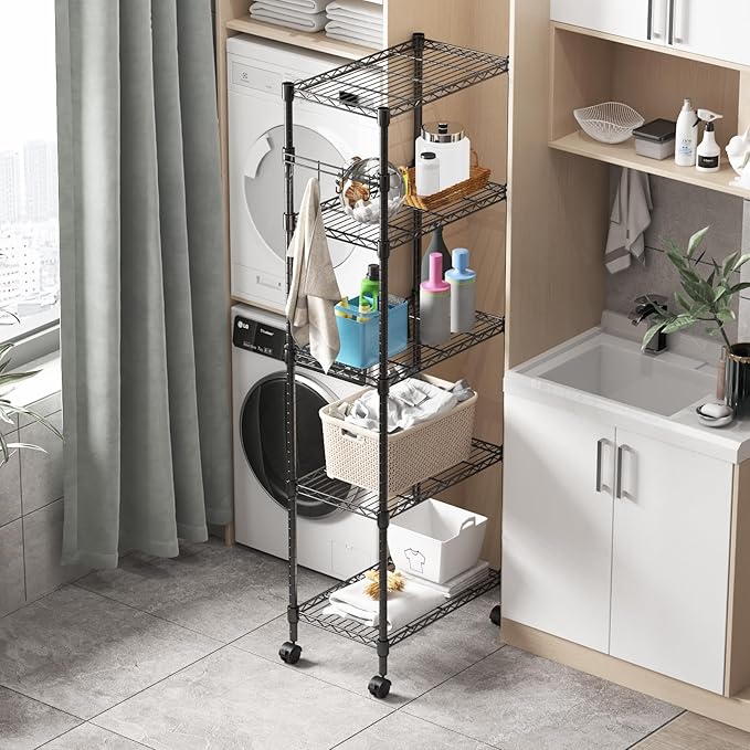 Homdox 5 Tier Wire Shelving Unit on Wheels, Adjustable Storage Racks and Shelving, Heavy Duty Rolling Metal Shelves with Side Hooks for Laundry Bathroom Kitchen Garage Pantry Organization, Black