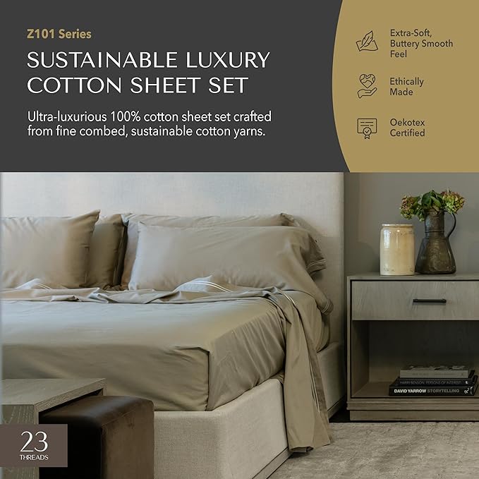 23 THREADS Z101 Series 100% Cotton Bed Sheets and Pillowcases Set, 15 Inch Deep Pocket, Luxury Sustainable Bedding Linen, King, Smokey Taupe