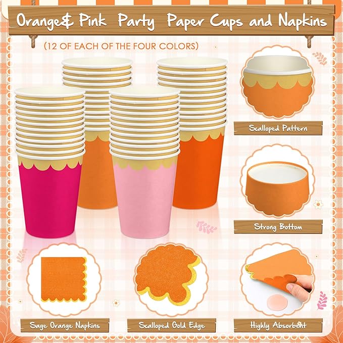 338 Pcs Pink and Orange Plates and Napkins Party Supplies for Guests Hot Pink Orange Tableware Include Scalloped Plates Paper Napkin Cup Spoon Fork Knife for Baby Shower, Wedding, Birthday