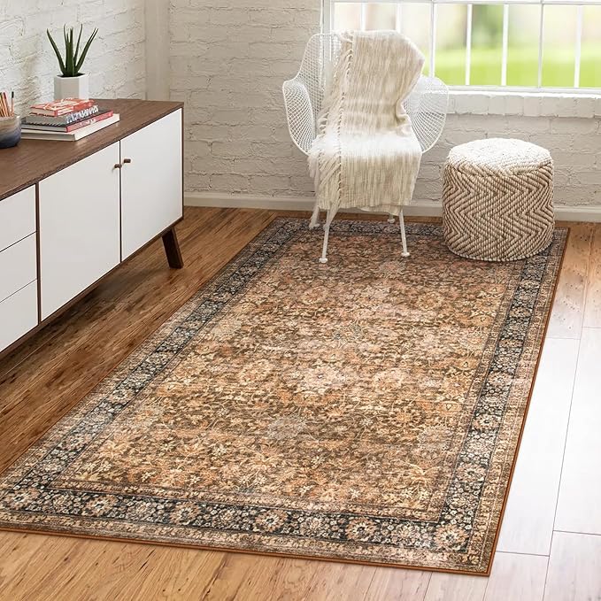Morebes Area Rug 4x6 Vintage Washable Boho Rugs for Bedroom, Soft Living Room Carpet Non-Slip Non-Shedding Faux Wool Rug for Farmhouse Dining Room Indoor Kids Playroom, Dark Brown