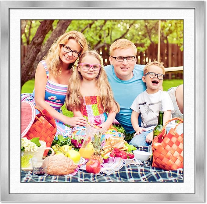 10x10 Frame with Mat - Silver 13x13 Frame Wood Made to Display Print or Poster Measuring 10 x 10 Inches with White Photo Mat