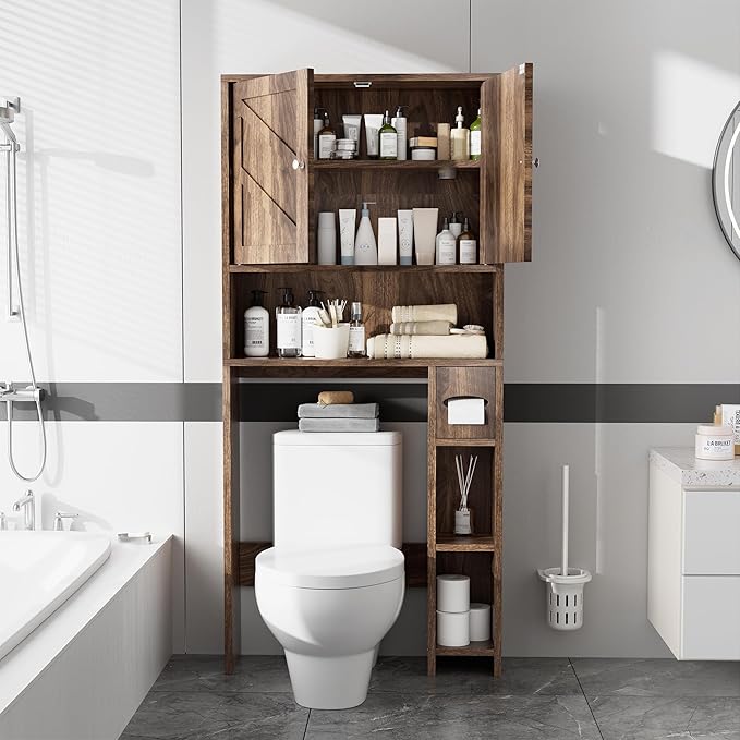 Meilocar Bathroom Over ToiletStorage Cabinet with Toilet Paper Holder Stand, Freestanding Bathroom Storage Organizer Cabinet Space Saver W/Adjustable Shelf, Walnut