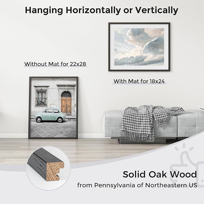 Axeman 22x28 Picture Frame with Mat for 18x24, Solid Oak Wood Poster Frame with Tempered Glass, Wooden 22''x28'' Minimalist Photo Frame Puzzle Frame with Wall Hooks for Art Photo and Prints, Black
