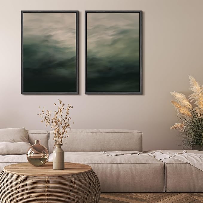 MUDECOR Framed Canvas Print Wall Art Dark Green Abstract Misty Landscape Moody Illustrations Modern Art Decorative Chic for Living Room, Bedroom, Office - 16"x24"x2 Black