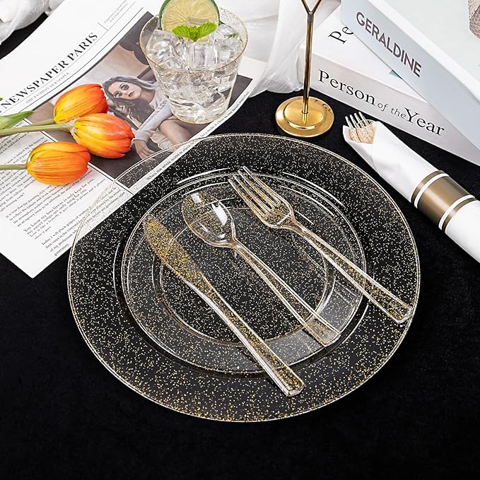 DaYammi 210PCS Gold Glitter Plastic Dinnerware Set for 30 Guests, Fancy Disposable Plates for Party, Include: 30 Dinner Plates, 30 Dessert Plates, 30 Pre Rolled Napkins with Gold Silverware, 30 Cups