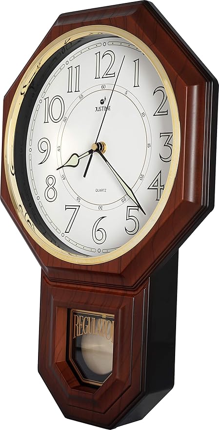 JUSTIME Traditional Schoolhouse Luminious Arabic Regulator Wall Clock, Chiming Wall Clocks with Pendulum & Westminster Chime Hourly, Schoolhouse Wall Decor Battery Operated (Dark Wood Grain)