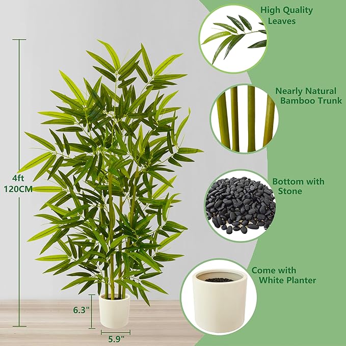 Artificial Bamboo Tree, 4ft Tall Faux Bamboo Plant with White Planter, Fake Trees with 4 Trunks and Lifelike Leaves for Indoor Outdoor Home Office Décor