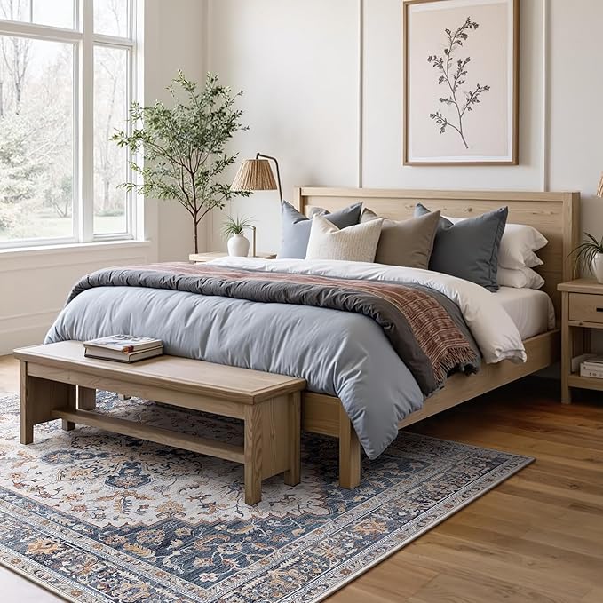 GENIMO 5X7 Area Rugs for Living Room, Machine Washable Vintage Floor Cover Foldable Modern Non Slip Rug, Low Pile Soft Indoor Carpet Floral Print Mat Rug,Bedroom/Dining Room/Home Office,Navy Blue