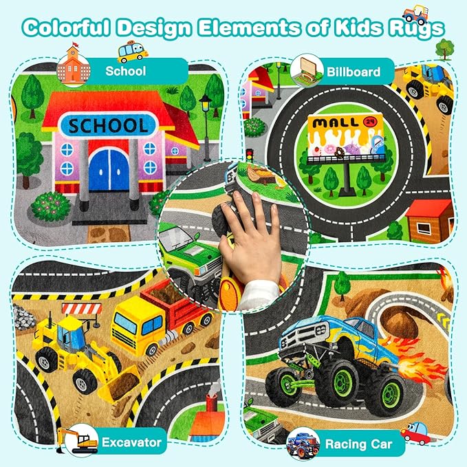 Kids Rug, 3x5 Ft Non-Slip Monster Truck Play Rug, Extra Thick (0.4in), Educational LearningTraffic Road Car Carpet for Nursery, Classroom, Playroom & Bedroom