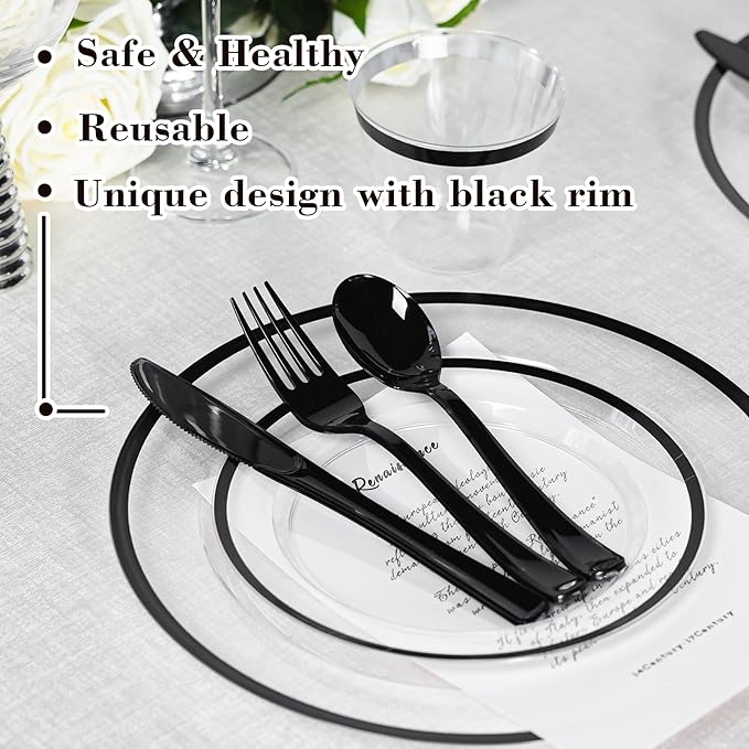 N9R 600PCS Black Disposable Plates, Heavy Duty Plastic Dinnerware Set for 100 Guests Includes 100 Dinner & Dessert Plates, Cups, Spoons, Forks, and Knives, Perfect for Parties, Weddings,and Daily Use