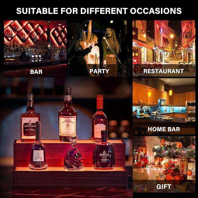 LED Lighted Bar Liquor Shelves, 20 Inch Bar Bottle Display Shelf with App & Remote Control, 2 Tier for Home Bar, Party, Walnut