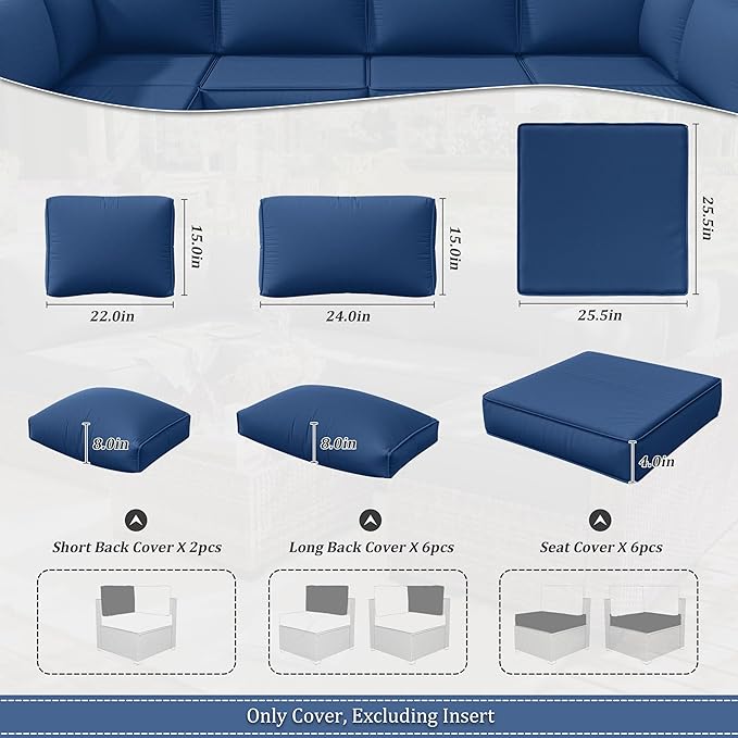 14 Pcs Outdoor Cushion Slipcovers Patio Cushion Covers Replacement Waterproof with Zipper for Outdoor Furniture, Patio Sofa Couch 3 Sizes, Covers Only