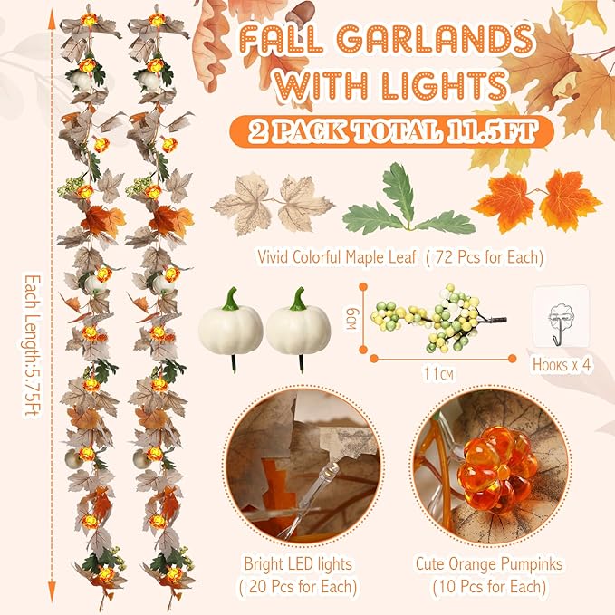 VIHOSE 2 Pack Thanksgiving Maple Leaves Garland Fall Decor 11.5 ft 40 LED with Pumpkin Lights Battery Operated and Timer Remote for Home Thanksgiving Halloween Decor(White)