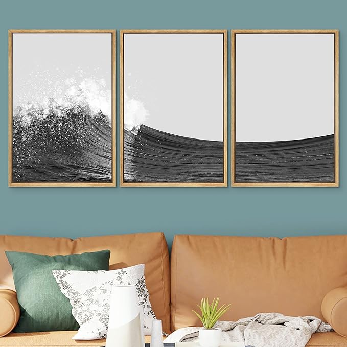 SIGNWIN 3 Piece Framed Canvas Wall Art Black and White Ocean Waves Nature Wilderness Illustrations Abstract Traditional Home Artwork Decoration for Living Room,Bedroom - 24"x36"x3 Natural