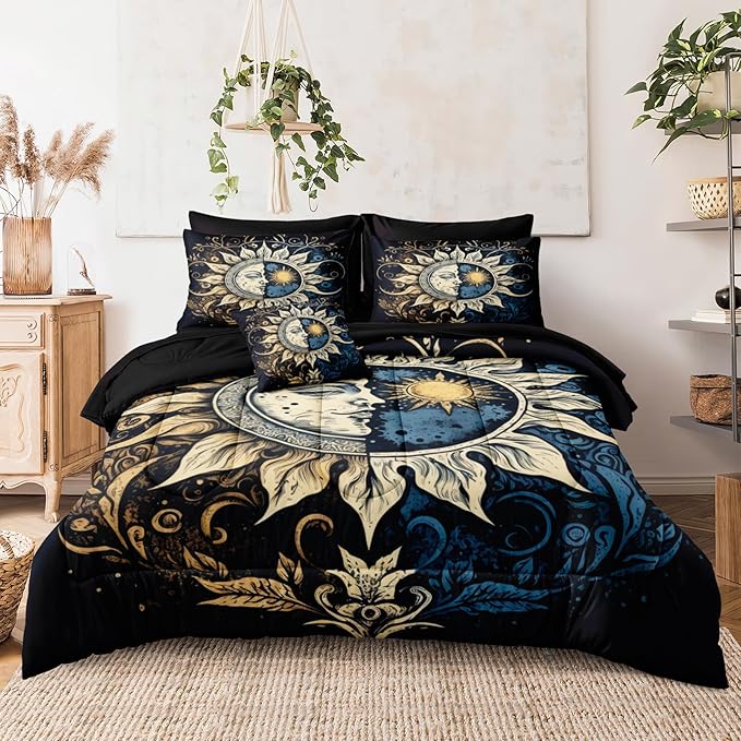 Sun and Moon Comforter Set Black Boho Bedding Set Celestial Galaxy Starry Space Bedding Comforter Mandala Exotic Black Bed in A Bag King Size
