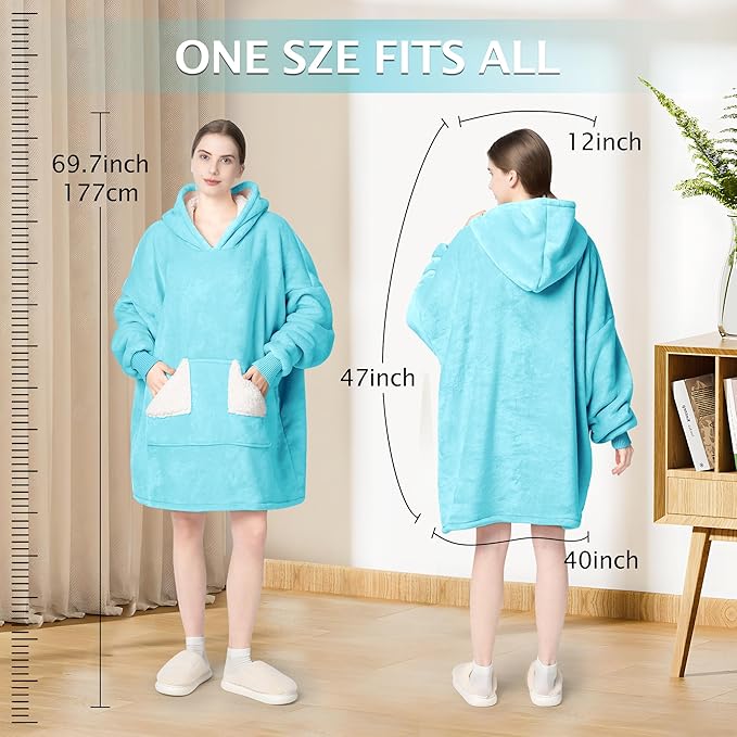 Touchat Wearable Blanket Hoodie, Oversized Sherpa Blanket Sweatshirt with Hood Pocket and Sleeves, Super Soft Warm Plush Hooded Blanket for Adult Women Men, One Size Fits All (Teal)