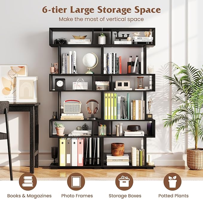 Tangkula 6-Tier S-Shaped Bookshelf, 64" Freestanding Geometric Bookcase, Home Office Wood Storage Shelf with Anti-Toppling Device, Room Divider Display Rack for Study, Living Room (1, Black)