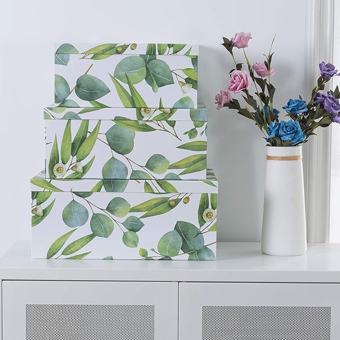 Soul & Lane Decorative Cardboard Storage Boxes with Lids for Home Decor and Organization, Set of 3 Large Keepsake Boxes for Memories & Gifts, Nesting Floral Photo Storage Containers, Sprigs Of Green