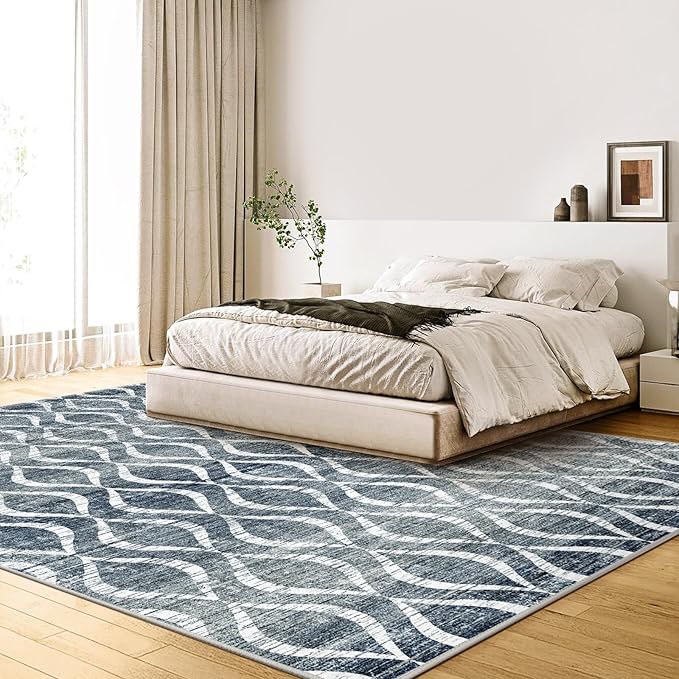WITSHOCK Boho 8x10 Rugs for Bedroom - Washable Non-Slip Large Thin Indoor Rug for Living Room Dining Room, Soft Modern Geometric Low Pile Print Dark Blue Carpet for Nursery, Kid & Pet Friendly