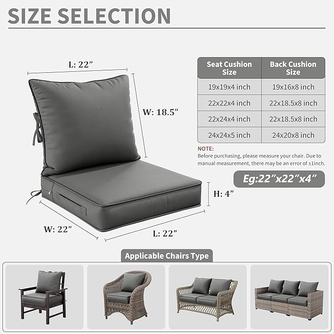 Premium Outdoor Seat Cushion Chair Cushions for Patio Furniture 22 L X 22 W X 4 H Waterproof & Fade Resistant Deep Seat and Backrest Cushion Set with Removable Covers for Chair, Sofa