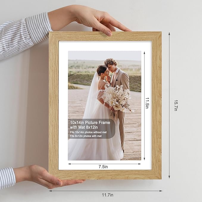 10x14 Picture Frame Set of 2, Made of Glass and Natural Oak Wooden Frame, Display 8x12 Pictures with Mat or 30 x 40cm Diamond Painting Art without Mat for Wall Mounting, Gallery Photo Frames