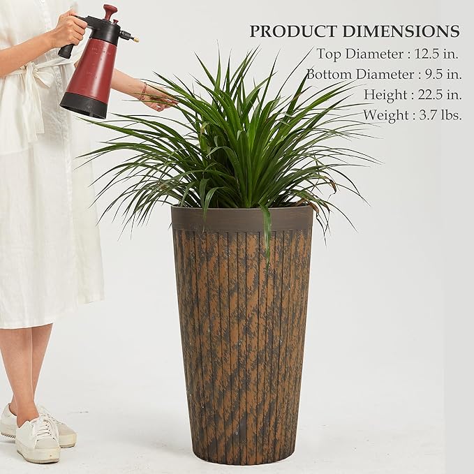Worth Garden 22.5" H. Plastic Planters - Set of 2 Vintage Brown Tall Conical Plant Pots for Indoor Outdoor Use - Decorative Lightweight Flower Pots for Front Porch, Patio, Deck - 12.5" Dia x 22.5" H