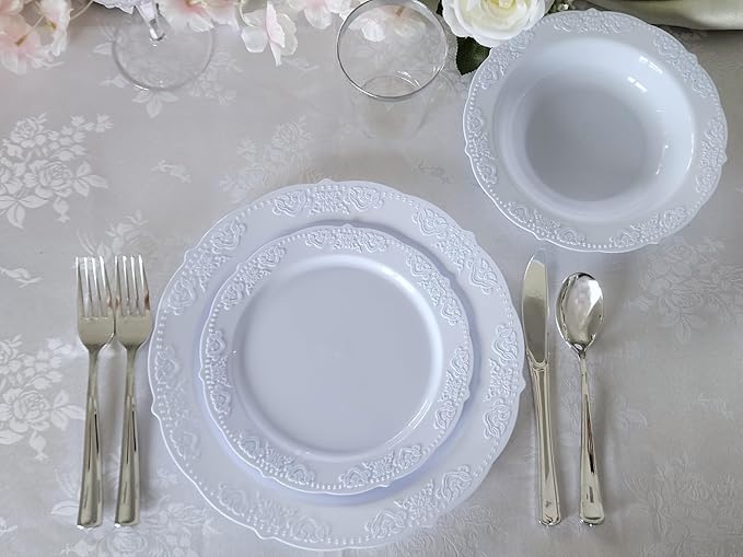 " OCCASIONS " 240 Plates Pack,(120 Guests) Vintage Wedding Party Disposable Plastic Plates Set-120x10.25'' Dinner +120x7.5'' Salad/Dessert Plate (Portofino Plain Blue)
