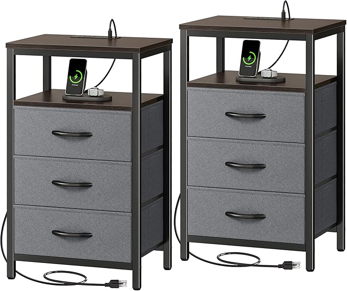 Huuger Nightstands Set of 2, 27.6 Inch End Tables with Charging Station, Fabric Drawers, Bedside Tables with USB Port and Outlet, Night Stands for Bedroom, Walnut