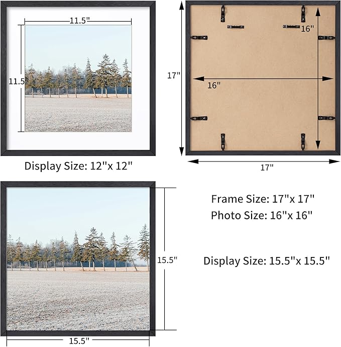 Axeman 16x16 Picture Frame with Mat for 12x12, Solid Oak Wood Square Picture Frame with Tempered Glass, Wooden Square Photo Frame 16''x16'' for Art Photo and Prints, Wall Hook Included, Black